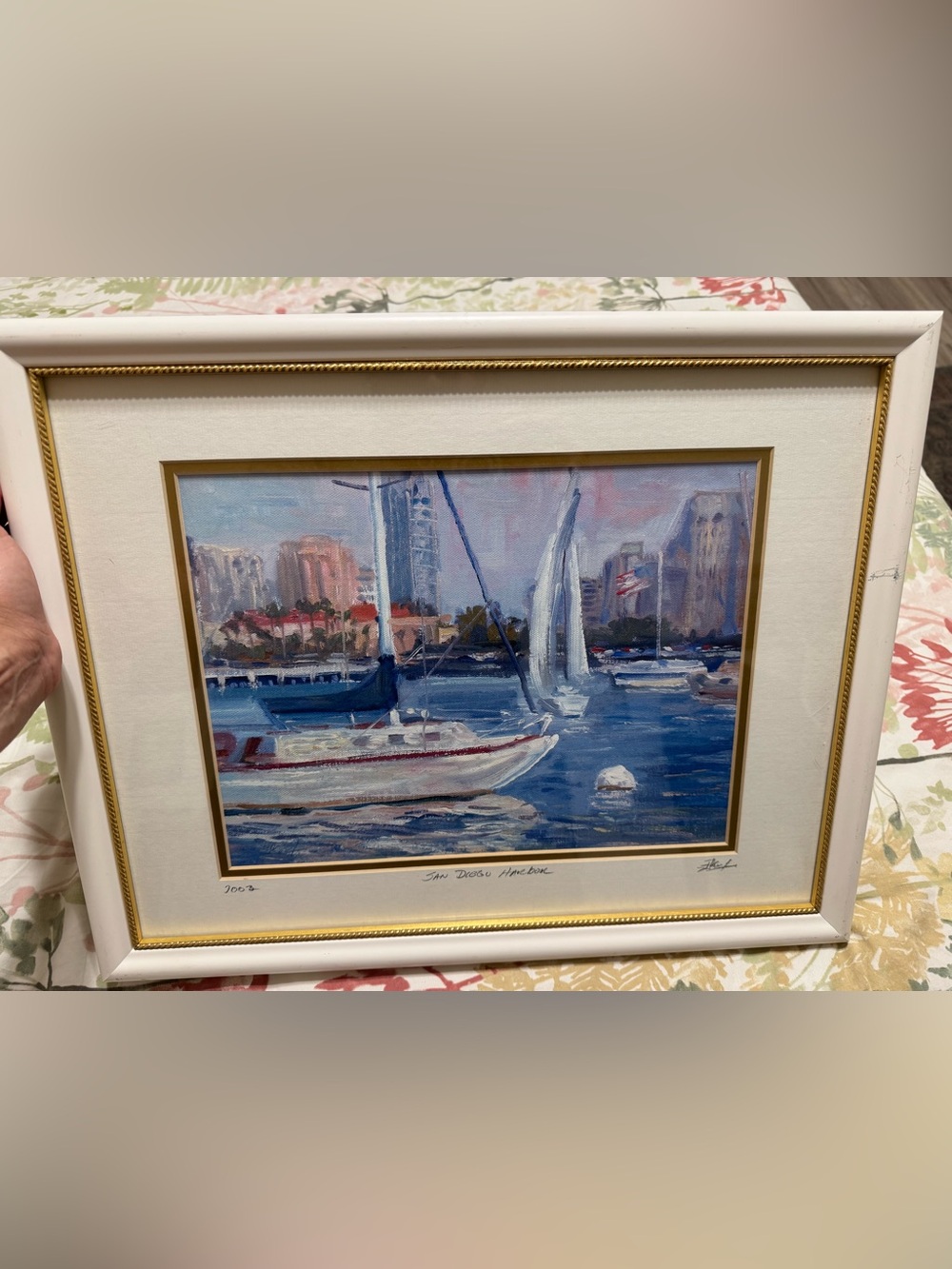 Framed San Diego Harbor Sailboat Art Print in Blue and White